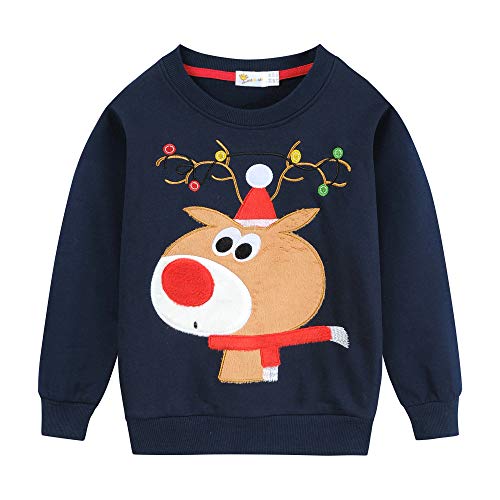 EULLA Kinder Jungen Mädchen Weihnacht Pullover Sweatshirt Weihnachtsoutfit Weihnachtspuli Winter Baumwolle Christmas Xmas Rentier Weihnachtskleidung Gr.86/92 2 Jahre 3# Dunkelblau Rentier DE 92