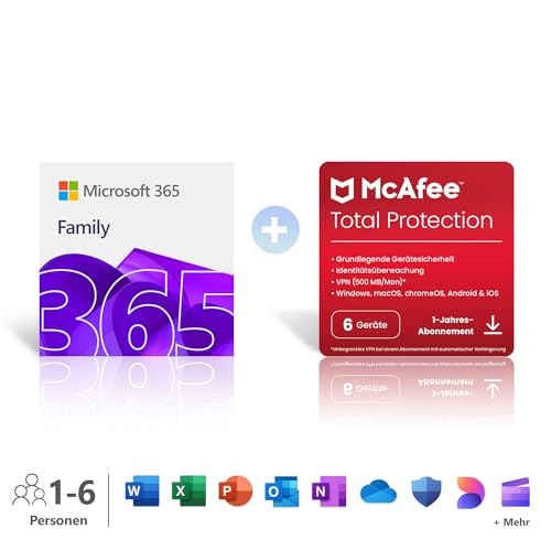 Microsoft 365 Family │ 1 Jahr │ bis zu 6 Personen │ Office Apps mit KI | bis zu 6 TB Cloudspeicher + McAfee Total Protection | 6 Geräte | Aktivierungscodes per E-Mail