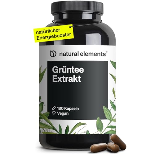 natural elements Grüntee Extrakt – 180 Kapseln – 1998 mg Grüner Tee Extrakt pro Tagesdosis – mit ECGC und Polyphenolen – vegan, hochdosiert, ohne Zusätze