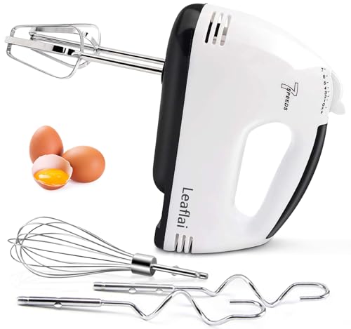 Leaflai 7 Stufen Handmixer Elektrische Handbesen, 180W Handrührgerät 2 Rührbesen, 2 Edelstahl-Knethaken, 1 Schneebesen, Sondern Auch Den Teig Kneten, Fleisch, Eierbrei Und So Weiter | Weiß