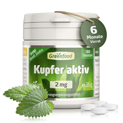 Kupfer Tabletten, hochdosiert, 2mg - 180 Tabletten, vegan. Kupferbisglycinat - Haut & Haarpigmentierung (graue Haare), Immunsystem. OHNE künstliche Zusätze - laborgeprüft. Von Greenfood.