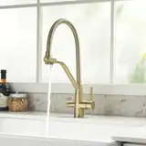 TIMACO 3 Wege Wasserhahn Küche Gold,Küchenarmatur-360° Drehbar,mit 3 in 1 Wasserhahn für Wasserfilter,Spiralfederarmatur Trinkwasserhahn mit Doppelhebel,Hochdruck,Gebürsteter Gold