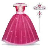 URAQT Aurora Mädchen Prinzessin Kleid, 3teiliges Dornröschen Kinder Mädchen Kostüm Set mit Kronen, Zauberstabzubehör,Rose Rot Spitze Prinzessin Kleid für Karneval, Weihnachten, Mottoparty Cosplay 120