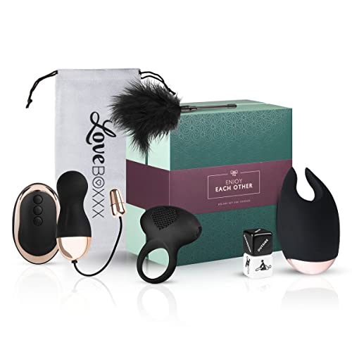 LoveBoxxx Sexspielzeug für Paare Erotik Geschenkbox LIEBESLEBEN, Überraschungsbox inkl. Vibratoren für die Klitoris, Vibro Ei, Cockring Vibrierend, Federkitzler, Augenmaske, Würfel & Beutel