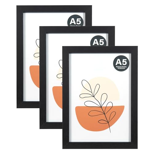 KAIWIN Bilderrahmen A5 Schwarz 3er Set, 21X14.8cm rahmen mit Acrylglas zum aufhängen und aufstellen, Bilderrahmen A5 Holz für Fotos, Bilder