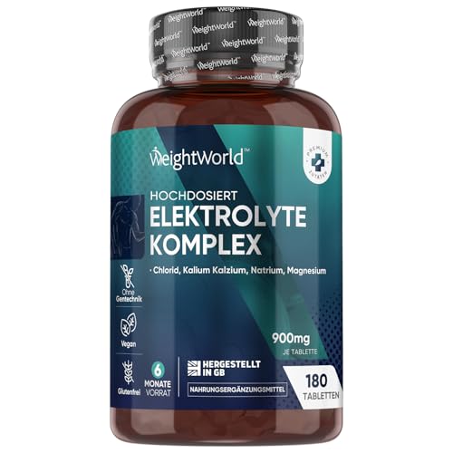 Elektrolyte Tabletten - 900mg pro Tablette - mit Magnesium, Kalzium, Kalium, Natrium & Chlorid - 180 Stück - Electrolyte Tablets Komplex - Vegan & Glutenfrei - Ohne Gentechnik - Von WeightWorld