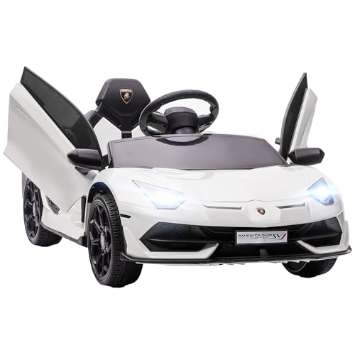 HOMCOM Kinder Elektroauto 12V Elektrisches Kinderfahrzeug, Lamborghini Aventador SVJ Roadster Elektrofahrzeug inkl. 2,4G Fernbedienung, Kinderauto mit MP3-Player, Hupe, Licht, für 3-5 Jahre, Weiß