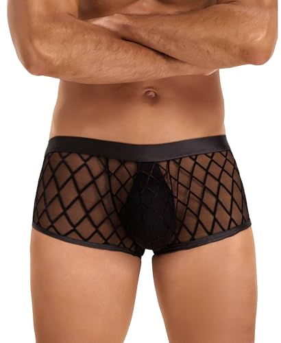 comeondear Erotik Boxershorts Herren PU Leder Sexy Dessous Reizwäsche Männer für Sex Gay Wetlook Unterwäsche Transparent Mesh Große Größen Kunstleder Unterhosen mit Bulge Sissy Höschen Schwarz,M