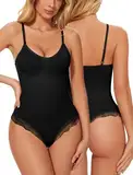 SURE YOU LIKE Shapewear Damen Bodysuit Figurformender Bauchweg Stark Formend Body Shaper Bodysuit Spitzen Shapewear String Bodysuit Miederbody Tanga Unterwäsche, Schwarz, XL