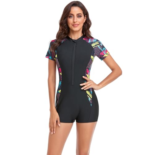 IMEKIS Damen Einteilige Boyleg Bademode Kurzarm Tropischer Blumendruck Badeanzug Reißverschluss Front Rash Guard Slim Fit Surfanzug Neoprenanzug Beachwear Bunt XL