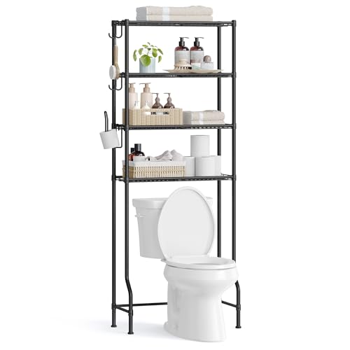 SONGMICS 4-stöckiges Toilettenregal, Badezimmerregal, Waschmaschinenregal, verstellbare Ablagen, mit Haken, Toilettenpapierhalter, platzsparend, 30 x 63 x 176 cm, schwarz BTS013B01