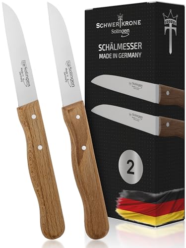 Schwertkrone Solingen Gemüsemesser Set 2 Stück gerade - 3" Schälmesser - Rostfreier Edelstahl, Buchenholzgriff, 7.5cm Klinge, Küchenmesser Extra Scharf