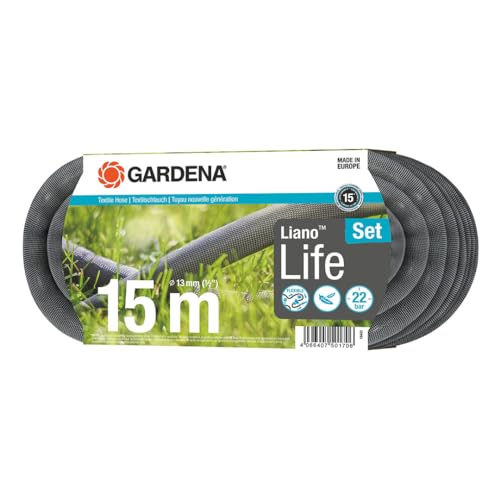 Gardena Liano Life Textilschlauch 1/2 Zoll, 15m Set: Hochflexibler Gartenschlauch aus Textilgewebe, mit PVC-Innenschlauch, kein Abknicken, leichtgewichtig, wetterbeständig (18445-20)