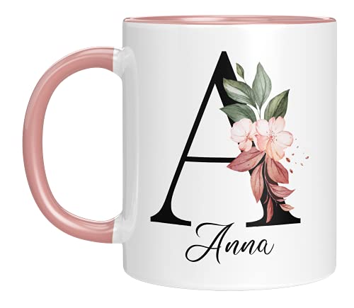 Personalisierte Keramik, Tasse - -mit Blumen Motiv - mit Ihrem Anfangsbuchstaben und Namen - - Geburtstag - Kaffeetasse - beidseitig bedruckt - Geschenke für Frauen (Rosa)