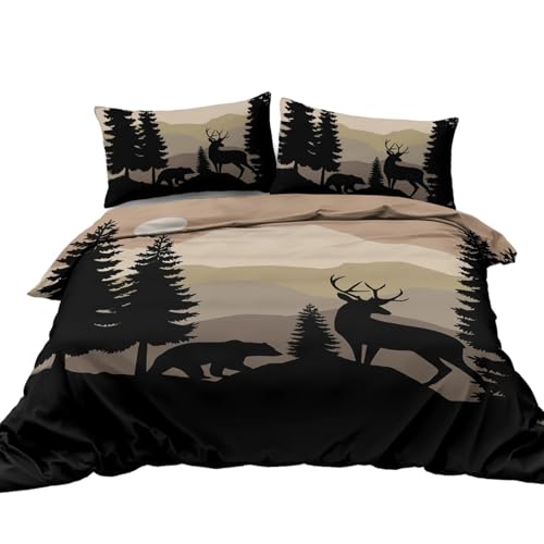 FCMWLKEJI Bettwäsche-Set, Motiv: Schwarzbär und Hirsch, Wildtiere, Aquarell, 3-teilig, rustikaler Wald-Bettbezug