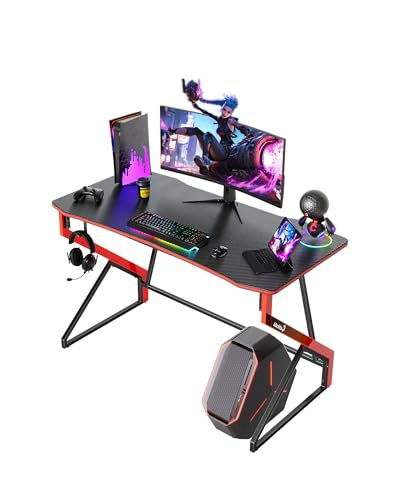 CubiCubi Gaming Tisch 100 x 60 cm, Gaming Schreibtisch mit Kohlefaseroberfläche, Computertisch mit Kopfhörerhaken, Stabiler PC Tisch für Gaming, Kohlefaser Schwarz