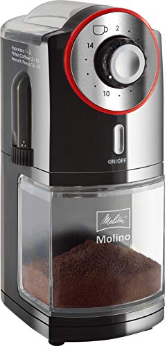 Melitta Molino Kaffeemühle – Elektrische Kaffeemühle für bis zu 200g Kaffeebohnen mit 17 individuellen Mahlstufen, für 2–14 Tassen Kaffee, schwarz/rot