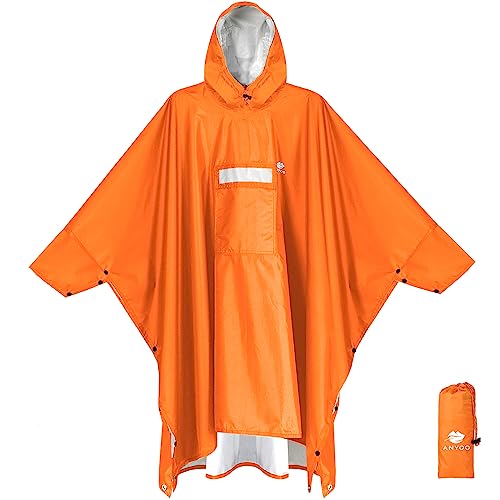 Anyoo Leichter Wasserdichter Regenponcho Regenjacken mit Ärmeln Atmungsaktiver Mehrzweck Regenmantel Unisex mit Kapuze Ideal für im Freien Camping Wandern Angeln, Dunkelorange, Einheitsgröße