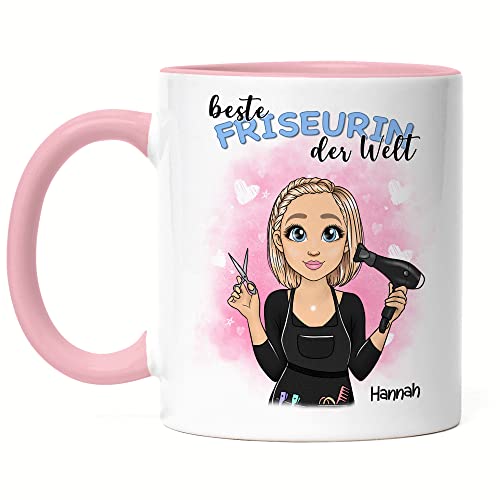 Kiddle-Design Friseurin Tasse Rosa Personalisiert Frisörin Hair Stylistin Frisör Geschenk Geburtstag Geschäftseröffnung Kollegin Freundin mit Name & Spruch