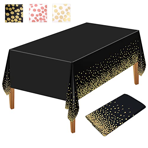 NEBURORA 1 Packung Schwarze und goldene Party Tischdecke Kunststoff Tischdecke 137 x 274 cm goldene Punkte Konfetti Einweg Tischdecke rechteckige PartyTischdecke für Picknick, Geburtstag