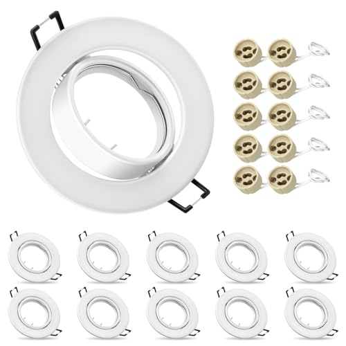 10x Moderne Einbaustrahler Rahmen, GU10 Einbauleuchten, inkl. GU10 Fassung, Decken Spot Weiß Rund, 30° Schwenkbar Einbauspots Rahmen, Außendurchmesser: 90mm, Ausschnitt Ø65-80mm (Ohne Leuchtmittel)