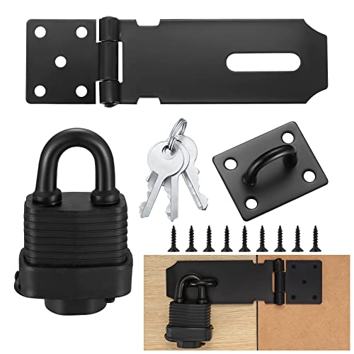 QOOSIKICC Vorhängeschloss Haspe Kit, Riegelschloss Haspe mit Vorhängeschloss & Schrauben, Schloss Vorrichtung Sicherheits Überfalle für Schlafzimmer, Garten, Schuppen, Garage, Schranktür (Schwarz)