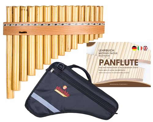 Plaschke Panflöte, Holz-Riemen Design, Set Tasche und Lehr-Buch 15 Töne C-Dur