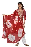 Vrnda Damen Baumwolle Indischer Bandhej Druck gerade Kurta Set Passe Stickerei Rot Kurti mit weißer Hose und Dupatta Set Kleid, Rot/Ausflug, einfarbig (Getaway Solids), X-Large