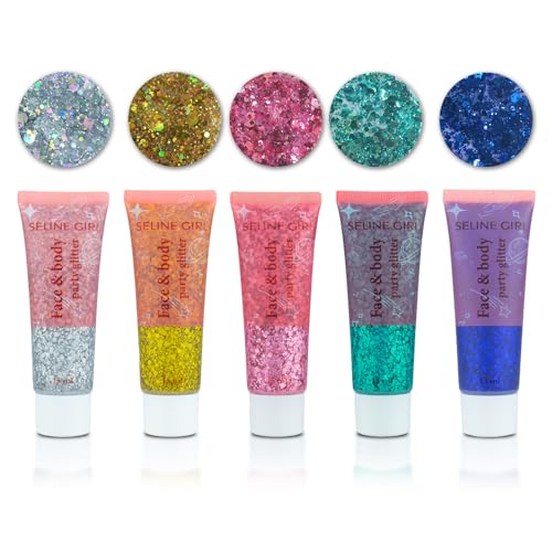 5Pcs Face Chunky Glitter Gel，Festival Glitzer Gesicht für Festliche Verkleidungen, Gesicht, Haare, Kleidungsdekoration, Feminine Glitzer Make Up Pailletten und Festival Zubehör