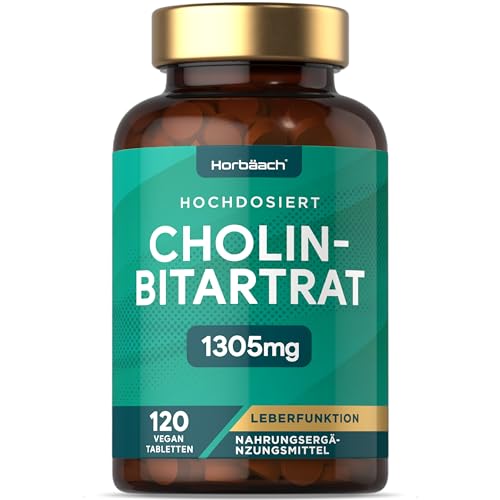 Cholin Hochdosiert 1305mg | 120 Reines Cholin Bitartrat Tabletten | Leberfunktion | Vegane | Choline Bitartrate | by Horbaach