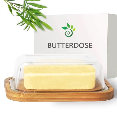 Theo&Cleo Butterdose aus Glas und Bambus , Umweltfreundlicher und nachhaltiger Bambus , Hochwertiger Glasdeckel , Butter Box , 250 g Butter