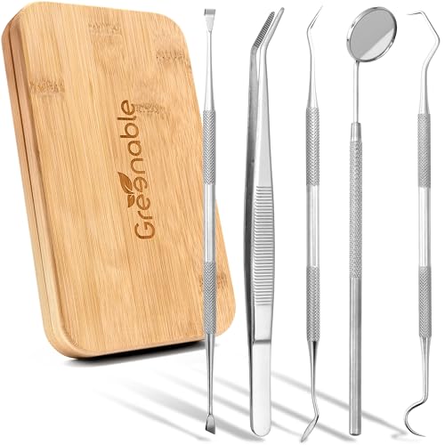 NEU: Greenable ® Zahnpflege-Set [5er Set] aus Edelstahl – Premium Dentalpflege – Zahnsteinentferner, Zahnsonde, Zungenschaber, Mundspiegel – Interdental Zahnreinigung Zahnstein