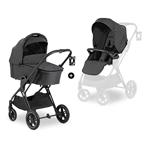 hauck 2 in 1 Kinderwagenset Vision X Set ab Geburt bis 22 kg mit Babywanne, wendbaren Sportsitz mit Beindecke und Liegefunktion, UPF 50+, Gummiräder, Getränkehalter, Zusammenklappbar (Melange Black)