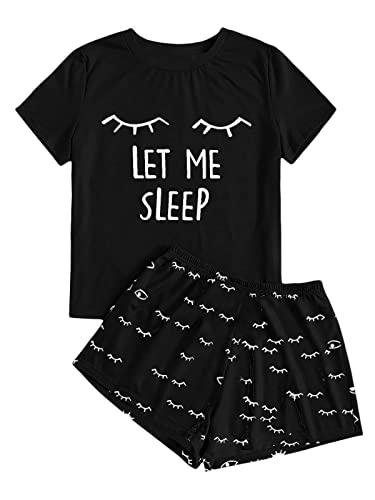 Haloumoning Mädchen Sommer Niedliche Shorts Set Bequem Kurzarm Cartoon bedrucktes Pyjama Set T-Shirt und Kurze Hose Set, Schwarz, 10-12 Jahre