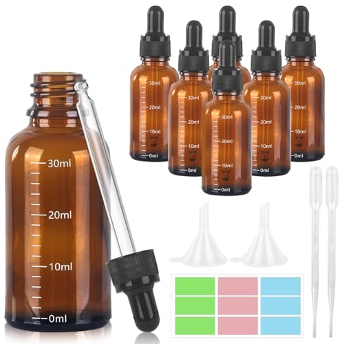 GROFIS 6 Stück Pipettenflasche 30ml, Anti-UV Tropfflasche aus Braunglas, Braunglasflasche mit 2 Trichter 2 Pipette Nadelspitze 1 Aufkleber, Apothekerflasche für Ätherische Öle Parfümöle