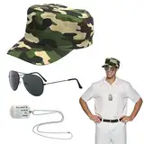 SKHAOVS 3 Stück Flieger Captain Kostüm Set Armee Taktische Militärmütze Camping Accessoires Camo Hüte für Männer Sonnenbrille Erkennungsmarke für Zubehör Halloween Party Kostüm Dress up (3pcs)