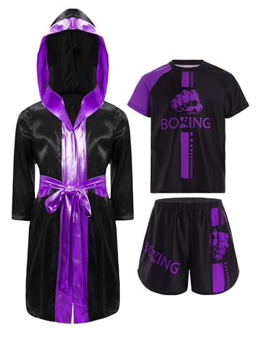 Fldy Kinder Boxen Outfit Boxmantel Boxing Shorts Kurzarm Shirt 3er Set Jungen Muay Thai Boxing Kampfsport Kleidung Violett 134-140