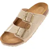 Palado Pantoletten Damen Korfu Lack - gefertigt in Spanien - glänzende Oberfläche - Veloursleder-Decksohle - bequemes Weichfußbett - rutschfeste EVA-Sohle Beige UK3,5 - EU36