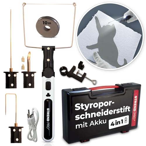 STREND PRO Styroporschneider heißdrahtschneider AKKU | 4-in1 Heißer Draht Styroporschneider 550°C für DIY-projekte | plastik koffer, USB-C, 10m Draht, messer adapters | Styropor schneider