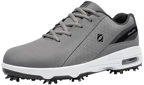 Fenlern Herren Golfschuhe Anti-Rutsch-Leichte Outdoor Golfschuh mit Spikes für Männer Golf Training (Grau Weiß, 44)