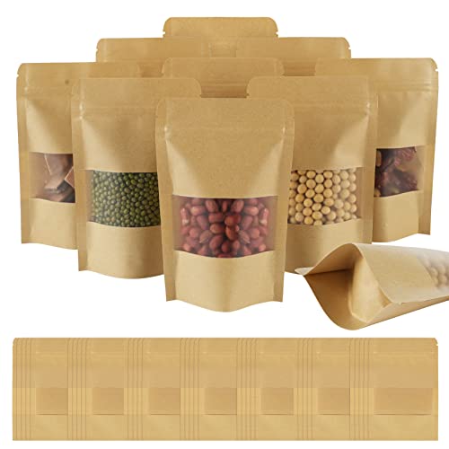 AUAUY 55pcs Papiertüten mit Fenster, Imprägniern Kraftpapiertüten, Standbodenbeutel Mit Sichtfenster, Kraftpapierbeutel, Standbeutel aus Kraftpapier für Nüsse Kaffeebohnen Teeblätter Gewürze (9*14cm)