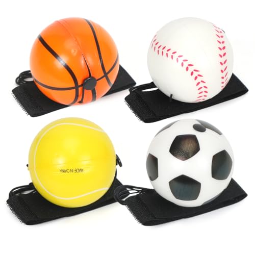 Springball mit Schnur, Handgelenk Ball Mit Schnur, 4 Stück Handgelenk Return Ball(Fußball, Basketball, Baseball, Softball), Jumper Ball mit Schnur, Sport Handgelenk Ball für Kinder Erwachsene