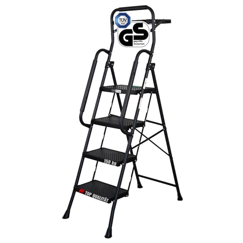 PROREGAL Profi-Trittleiter mit 4 XXL-Stufen TÜV/GS Zertifizierung, klappbar mit Handbügel und Werkzeugablage, Stufen aus Kunststoff, HxBxT 158x52x87cm Traglast 150 kg Stahl Matt Schwarz Klappleiter