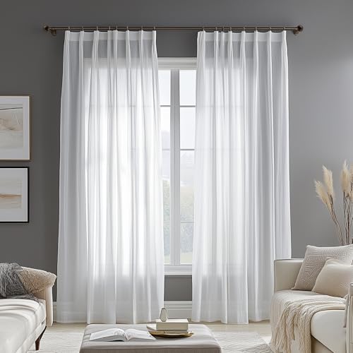 Deconovo Voile Gardinen mit Kräuselband Gardinenschal Vorhänge Dekoschal Transparent Vorhang Leinenoptik, 215x140cm(HöhexBreite), Weiß, 2er Set