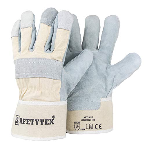 Safetytex Leder Arbeitshandschuhe - Rindspaltleder Handschuhe - Profi Rindspalt Handschuhe mit Canvas Stulpe - Verstärkte Fingerkuppen & Knöchelschutz - Größe 10,5 - Menge wählbar (12 Paar)