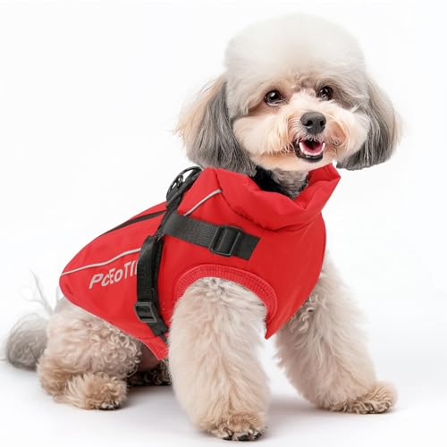 PcEoTllar Hundemantel Wasserdicht für Kleine Hunde, Warme Wintermantel Hundejacke Hundepullover - Reflektierend Hundemantel mit Geschirr - Haustier Skifahren Kostüm Ärmellose, Rot-XXL