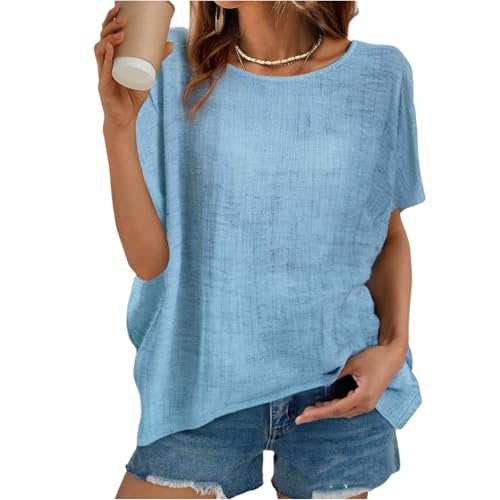Shirt Damen 2025 Kurzärmelig Sommer Bequem Elegant Rundhals Tshirt Tunika Hemden Basis Outdoor Sport Shirts Türkis XL