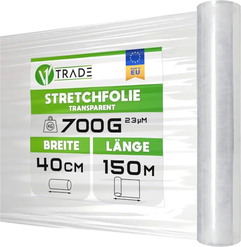 V1 Trade Stretchfolie Transparent folie für möbel - Hand umzugfolie 150m x 40 cm - Stretchfolienrolle Transparentfolie 23my - Verpackungsfolie auf Rolle - Wickelfolie - Umzugsfolie Dehnung 250%