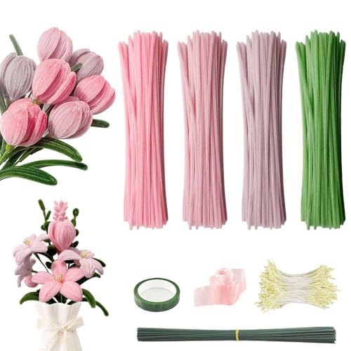 Pfeifenputzer Blumen Set, Pfeifenreiniger Zum Basteln, Pipe Cleaner Flower Set, Pfeifenreiniger Blumen, Mit Grüne Blumenstöcke, Klebebandrollen, Bänder, Staubgefäße Etc, Für DIY Basteln Und Dekorieren