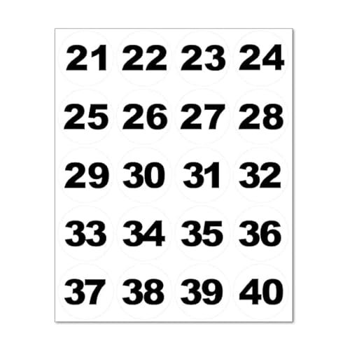 Runde Zahlenaufkleber - Nummern, 50 mm, weiß/schwarz (Nr. 21-40)